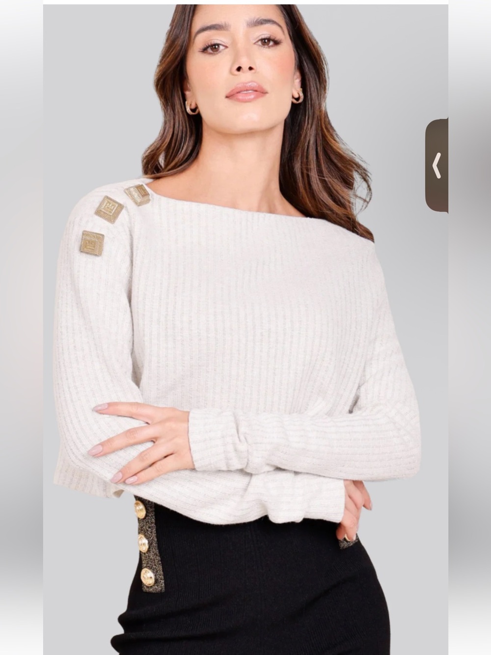 Women's Cream Balmain Long Sleeve Top with Gold Accents
